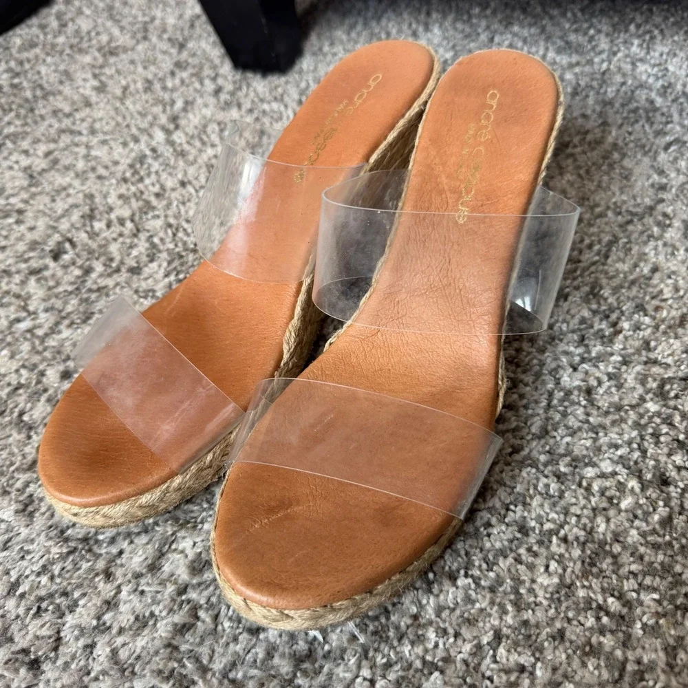 Andre Assous Clear Strap Espadrille Wedge Sandals Tan Leather Made in Spain 38